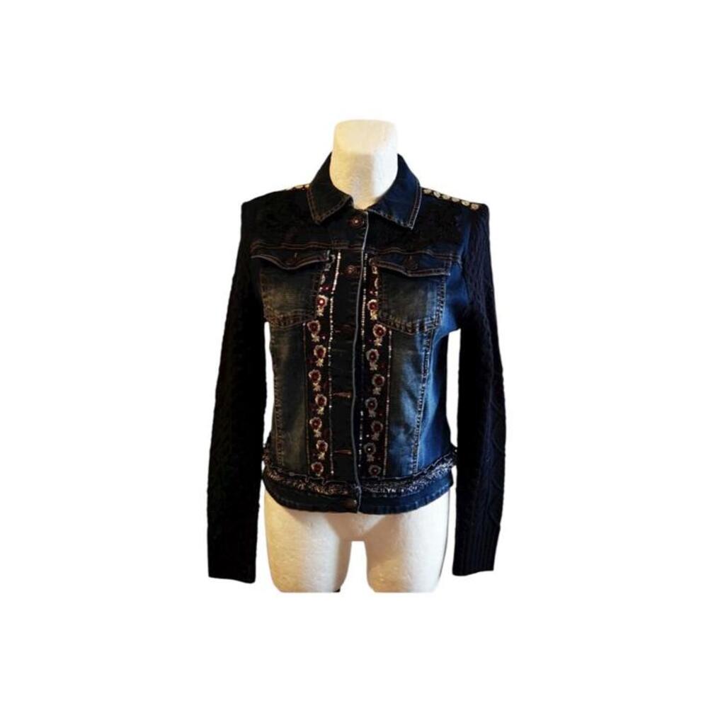 Desigual Denim Jeans Jacket Embroidered All Over Boho Abstract Distressed Size S